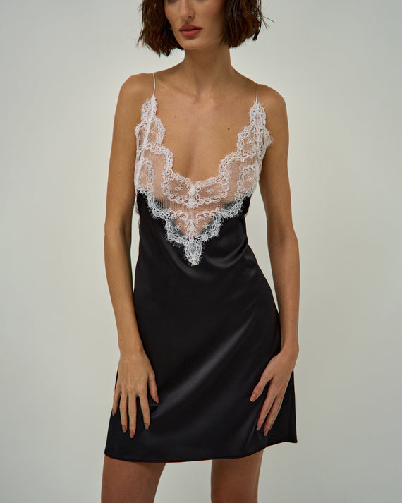 AGNI SILK-SATIN MINI DRESS WITH CHANTILLY LACE